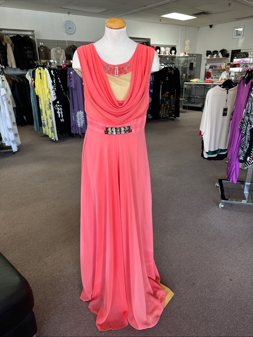 Coral Draped Maxi Evening Dress with Embellished Waist size S, M
